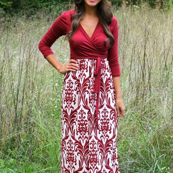 Pink Lilly Dresses & Skirts - Burgandy White Maxi Damask Dress Jersey VNeck